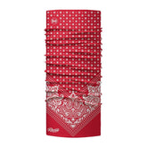 Red and White bandana print multi-functional neck gaiter features CoolNet® UV (95% recycled) - engineered with REPREVE® performance microfiber, HeiQ cooling technology, Polygiene® odor control and has a 4-Way ULTRA STRETCH fabric construction that features UPF 50 sun protection. 