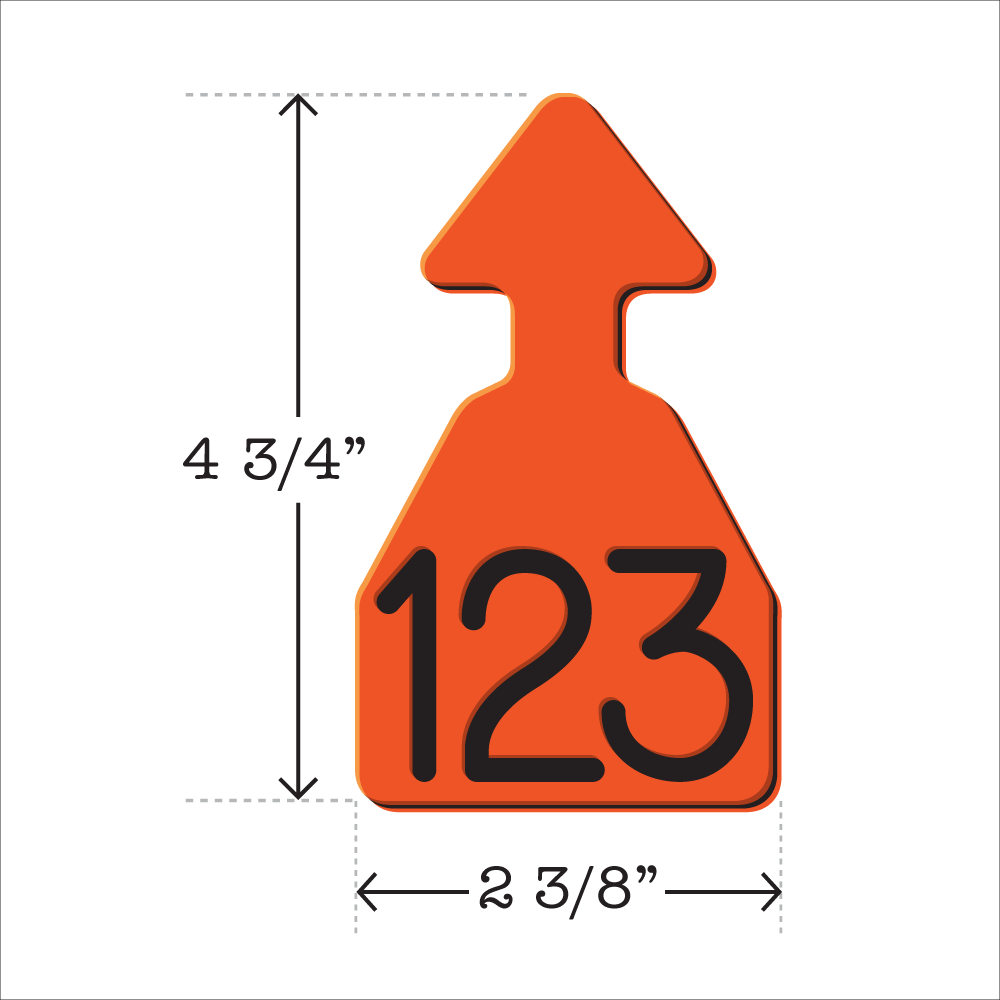 Orange and black arrowhead shaped ID Tag for any size cattle. Installs with the Ritchey Arrowhead Installing Tool. These tags can be used for a variety of identification purposes. Product Dimensions – Height: 4 3/4″, Width: 2 3/8″.