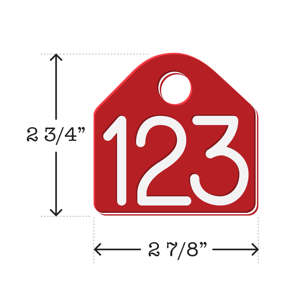 Red and White 2 3/4" x 2 7/8" dual-colored neck chain tag with center hole in it. Tag is often used to identify dairy cattle but is also used by U.S. government agencies to track and identify wildlife.