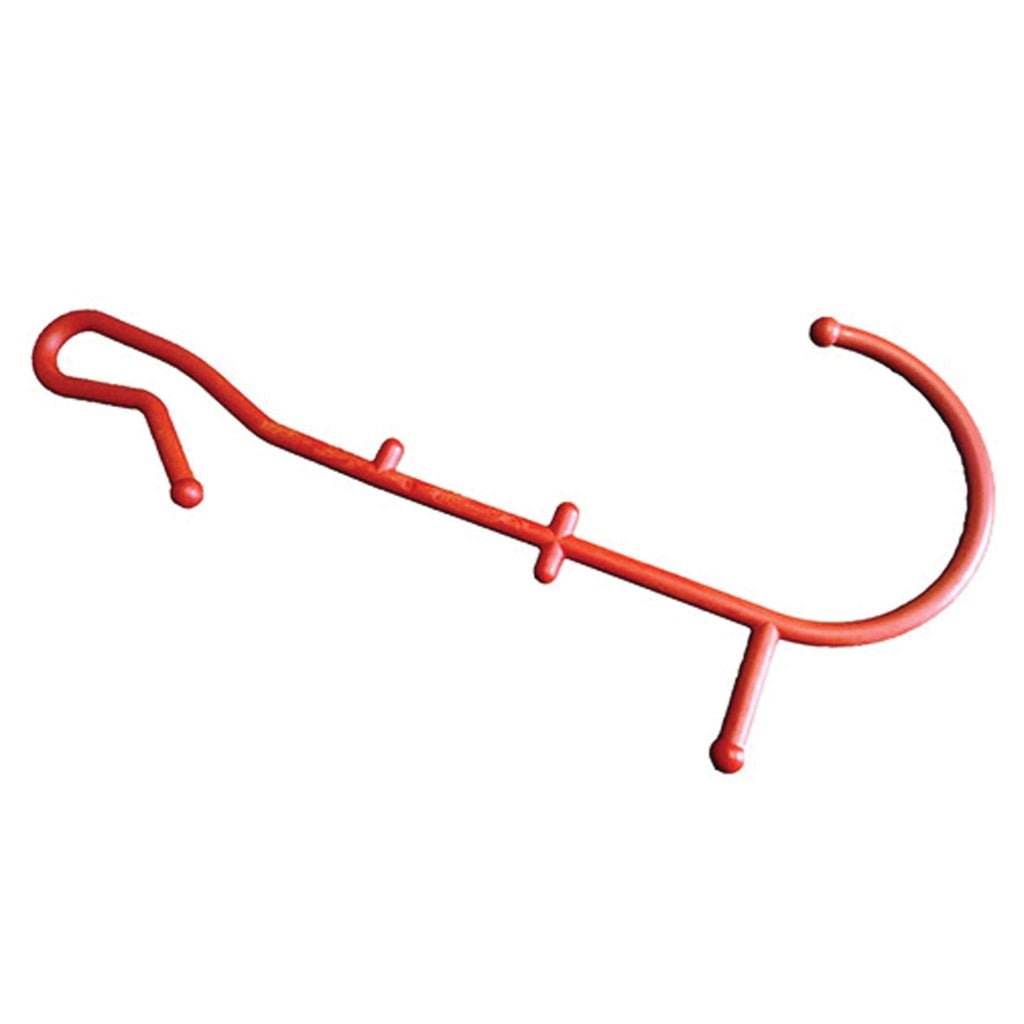 Red rounded livestock hook. The large hook will assist in safely and humanely controlling an animal's head by hooking the cheek. The small hook is ideal for safely and humanely catching calves less than 125 pounds by the leg.