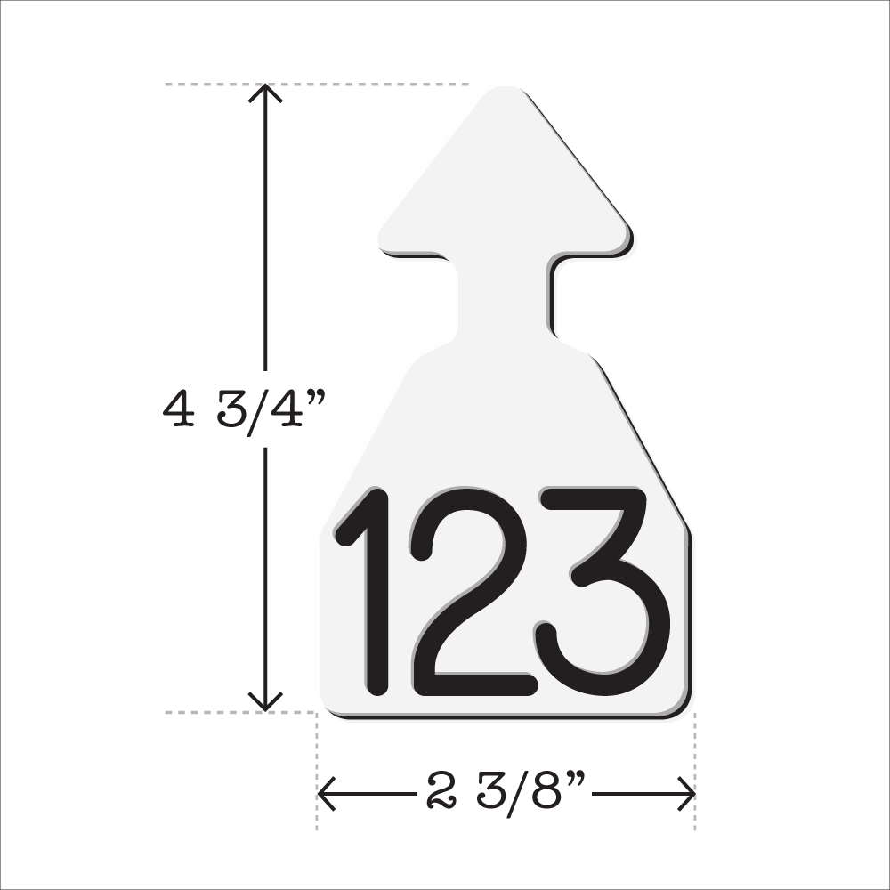 White and black arrowhead shaped ear tag for any size cattle. Installs with the Ritchey Arrowhead Installing Tool. These tags can be used for a variety of identification purposes. Product Dimensions – Height: 4 3/4″, Width: 2 3/8″.