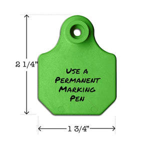 Write-on, two-piece, green, mini calf, goat or sheep tag. Height is 2 1/4 and width is 1 3/4".
