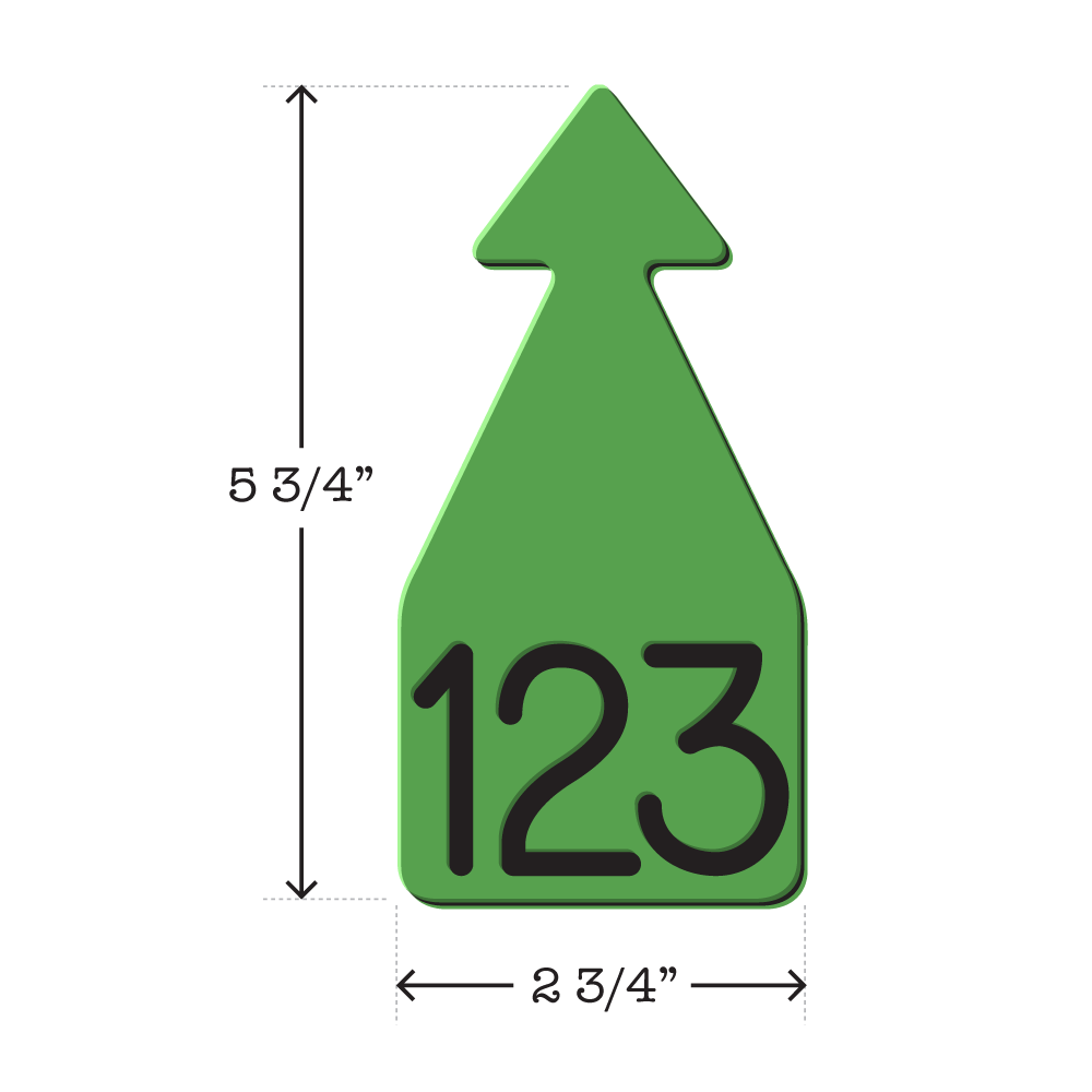 Light green and black arrowhead shaped ID Tag for mature beef and dairy cattle. Installs with the Ritchey Arrowhead Installing Tool. These tags can be used for a variety of identification purposes. Product Dimensions – Height: 5 3/4″, Width: 2 3/4″.