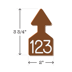 Dual colored brown and white, arrow shaped cattle ear tags Ideal for Calves. These Tags Can Be Used For A Variety Of Identification Purposes. Product Dimensions – Height: 3 3/4″, Width: 2.0″.