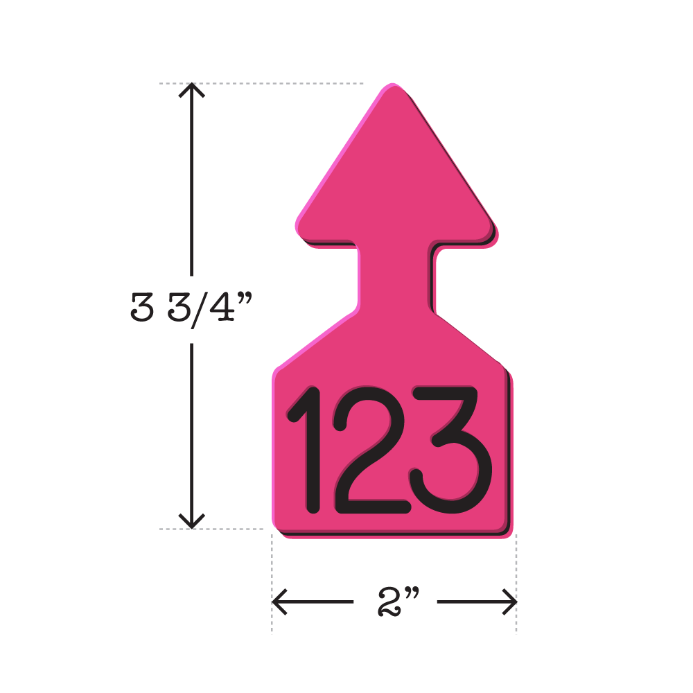 Dual colored pink and black, arrow shaped cattle ear tags Ideal for Calves. These Tags Can Be Used For A Variety Of Identification Purposes. Product Dimensions – Height: 3 3/4″, Width: 2.0″.