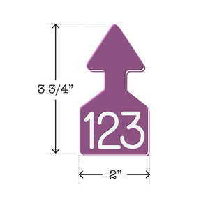 Dual colored purple and white, arrow shaped cattle ear tags Ideal for Calves. These Tags Can Be Used For A Variety Of Identification Purposes. Product Dimensions – Height: 3 3/4″, Width: 2.0″.