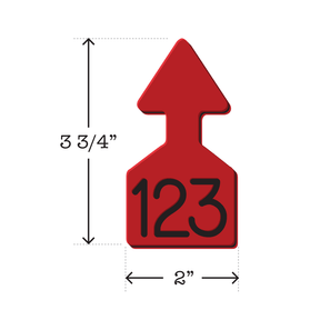 Dual colored red and black, arrow shaped cattle ear tags Ideal for Calves. These Tags Can Be Used For A Variety Of Identification Purposes. Product Dimensions – Height: 3 3/4″, Width: 2.0″.