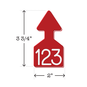Dual colored red and white, arrow shaped cattle ear tags Ideal for Calves. These Tags Can Be Used For A Variety Of Identification Purposes. Product Dimensions – Height: 3 3/4″, Width: 2.0″.