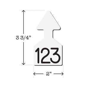 Dual colored white and black, arrow shaped cattle ear tags Ideal for Calves. These Tags Can Be Used For A Variety Of Identification Purposes. Product Dimensions – Height: 3 3/4″, Width: 2.0″.