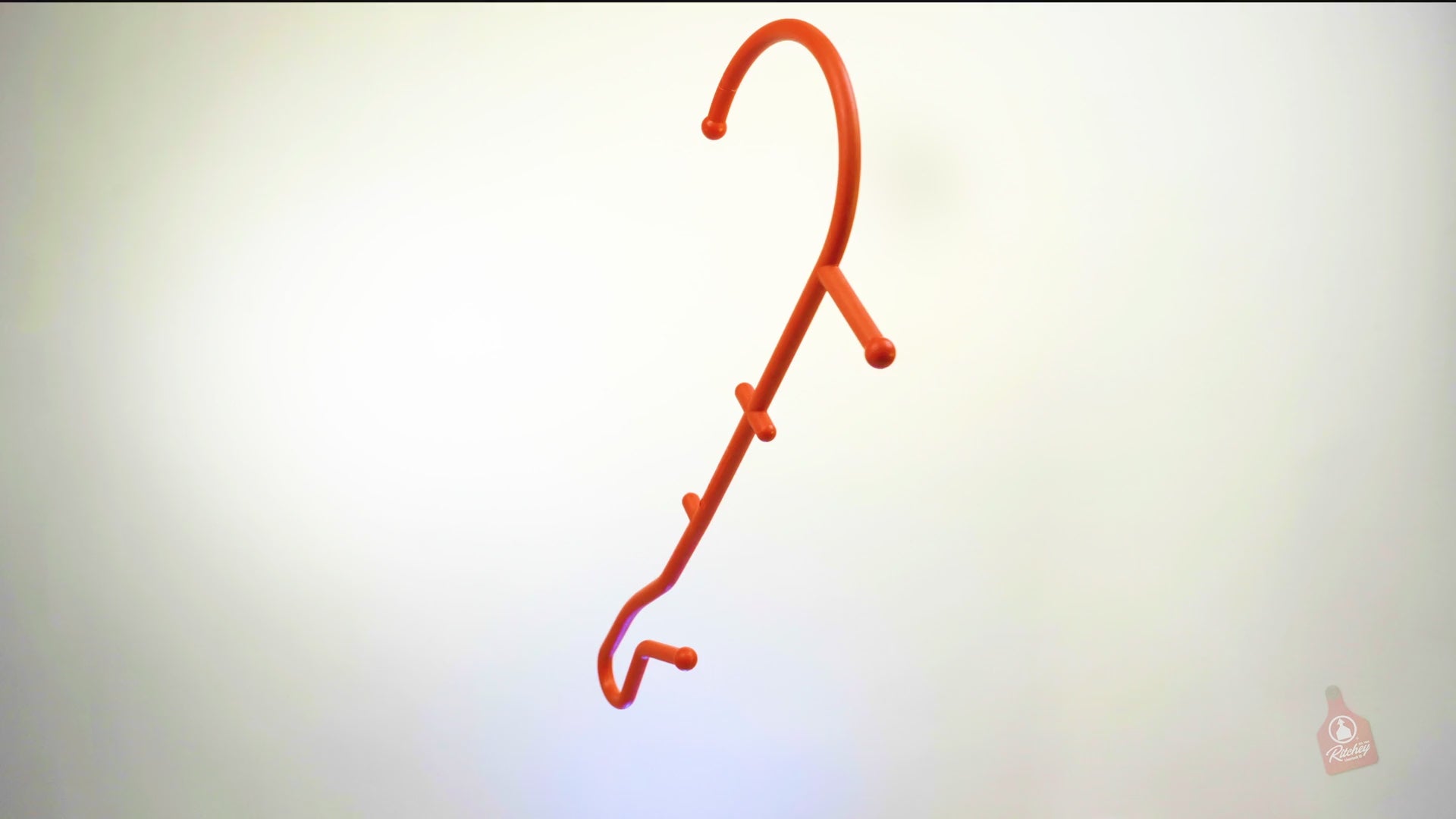 Red rounded livestock hook. The large hook will assist in safely and humanely controlling an animal's head by hooking the cheek. The small hook is ideal for safely and humanely catching calves less than 125 pounds by the leg.