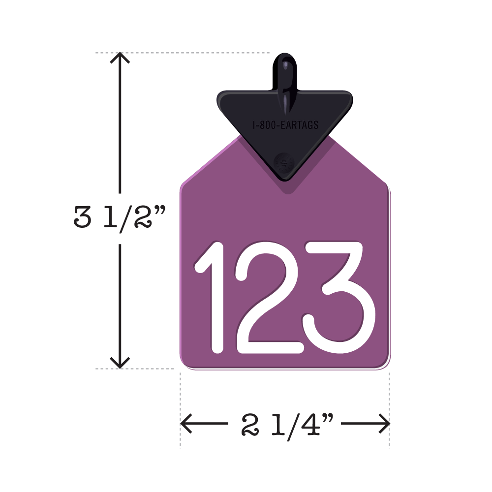 Curved arrowhead, light purple, dual colored, calf ear tag. Size/Dimensions: Medium. Height: 3 1/2″, Width: 2 1/4″