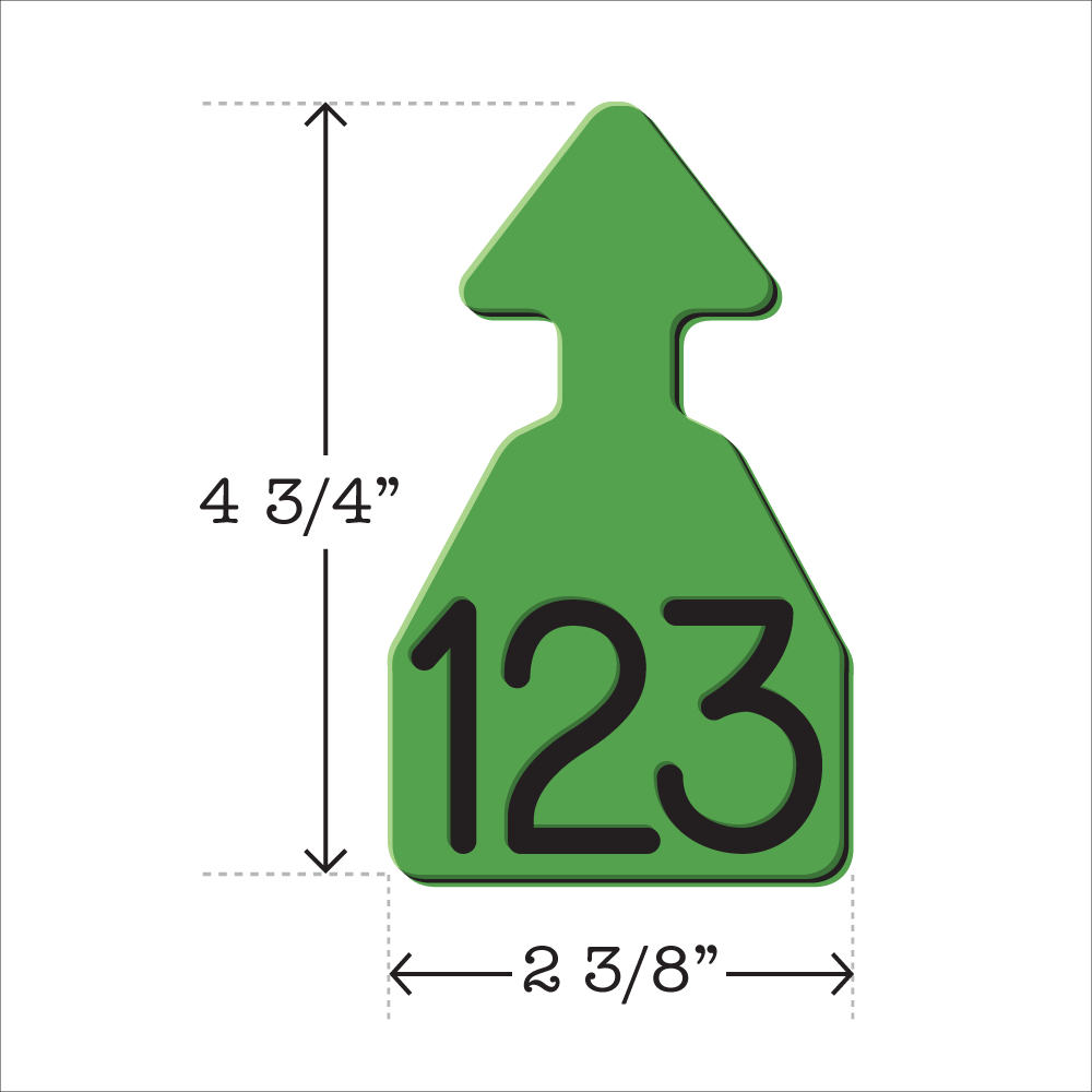 Light green and black arrowhead shaped ID Tag for any size cattle. Installs with the Ritchey Arrowhead Installing Tool. These tags can be used for a variety of identification purposes. Product Dimensions – Height: 4 3/4″, Width: 2 3/8″.
