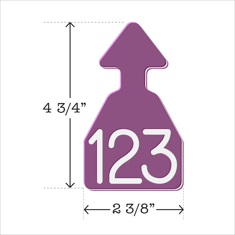 Light purple and white arrowhead shaped ID Tag for any size cattle. Installs with the Ritchey Arrowhead Installing Tool. These tags can be used for a variety of identification purposes. Product Dimensions – Height: 4 3/4″, Width: 2 3/8″.