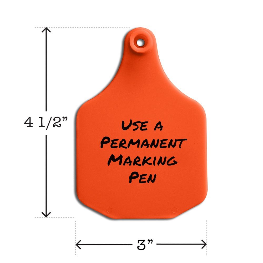 Write-on, two-piece, orange, large cow tag. Height is 4 1/2 and width is 3".